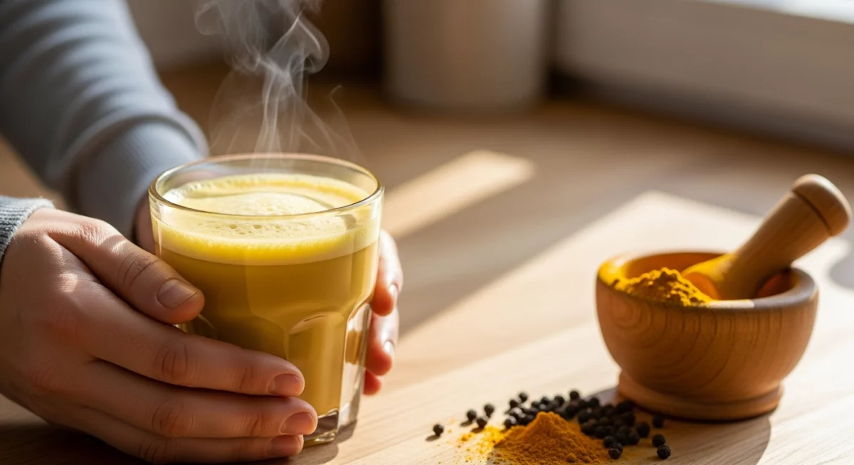 Racines de curcuma frais et grains de poivre noir sur une surface naturelle illustrant l'association curcuma-pipérine