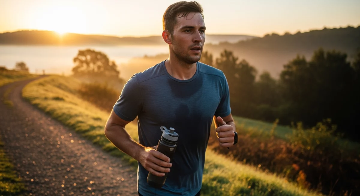 Personne versant une boisson électrolytique maison claire dans un verre transparent avec des tranches de citron et des feuilles de menthe fraîche, lumière naturelle matinale