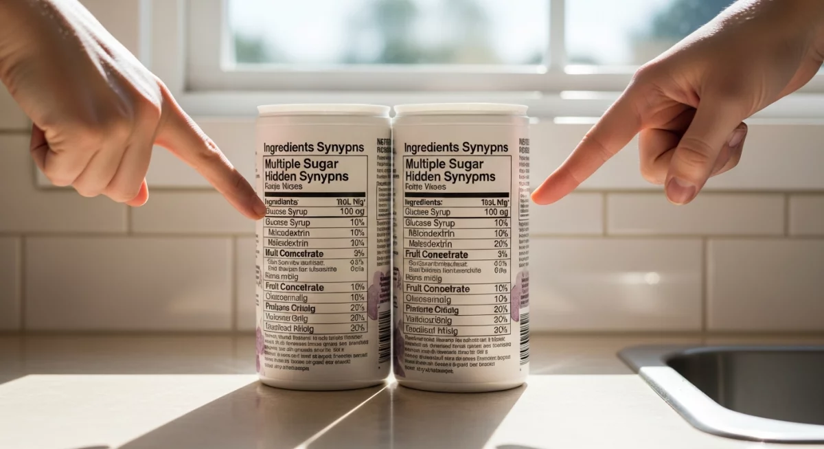 Personne examinant attentivement l'étiquette nutritionnelle d'un produit alimentaire en supermarché, loupe à la main, mise au point sur la section glucides