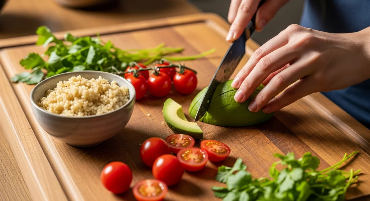 Préparation d'un repas clean eating avec des légumes frais de saison, céréales complètes et bons gras disposés sur un plan de travail en bois naturel