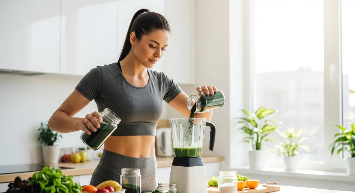 Comparaison visuelle entre poudre de spiruline bleu-vert et poudre de chlorella vert intense dans des cuillères en bois sur fond naturel