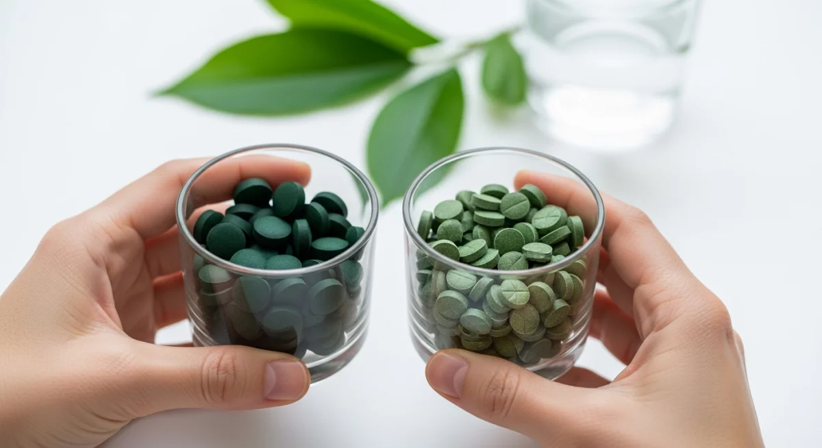 Femme sportive préparant un smoothie vert avec de la spiruline et chlorella dans une cuisine lumineuse, gestes précis versant la poudre verte