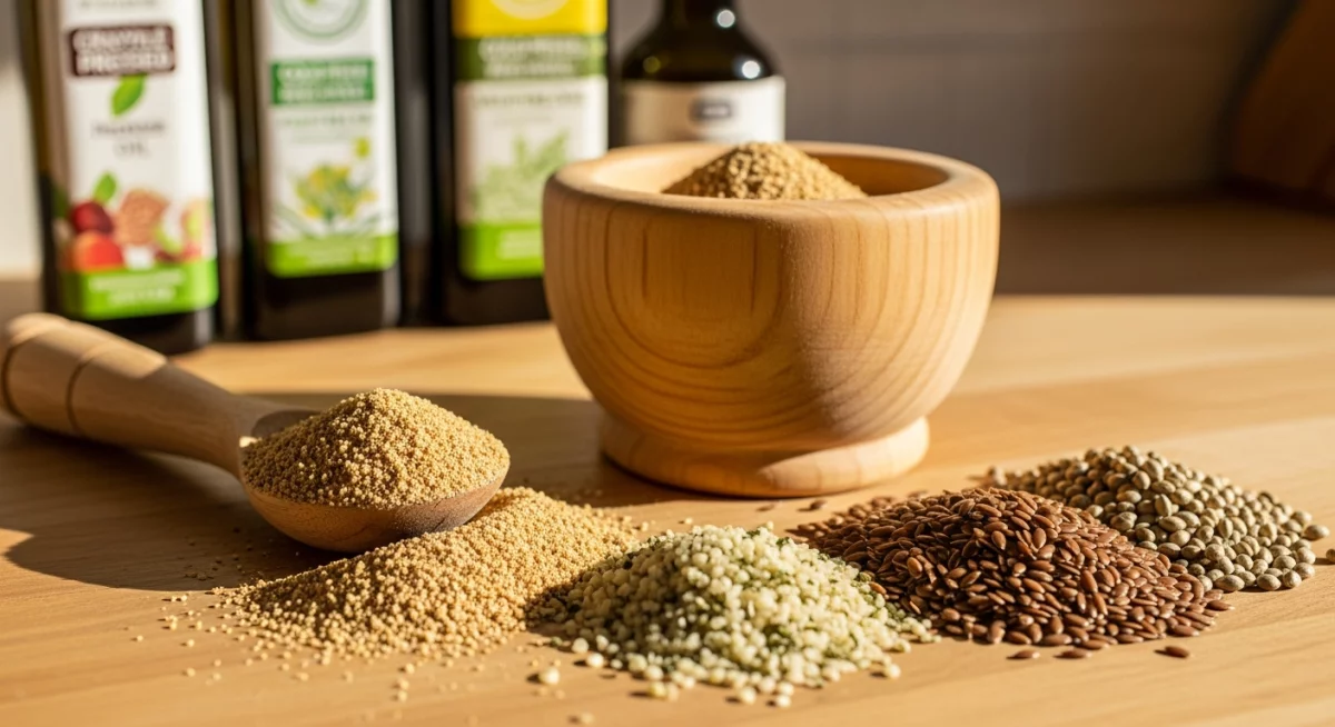 Femme préparant un smoothie bowl avec graines de chia, noix et huile végétale dans une cuisine lumineuse, geste de verser l'huile, ambiance matinale saine