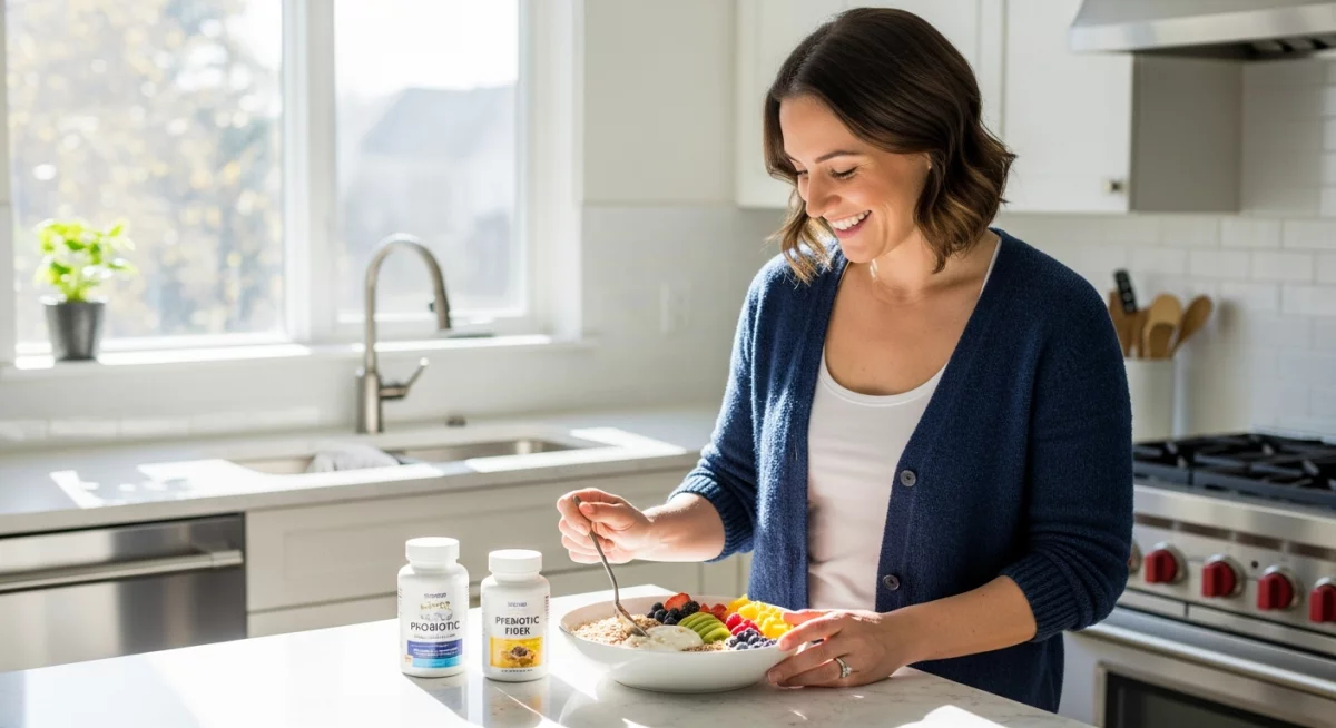 Gélules de probiotiques et prébiotiques à côté d'aliments fermentés naturels