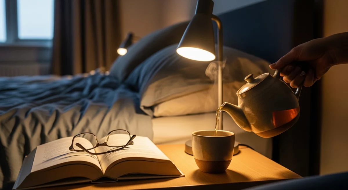 Personne consultant une montre tout en tenant une tasse de café dans une cuisine baignée de lumière d'après-midi