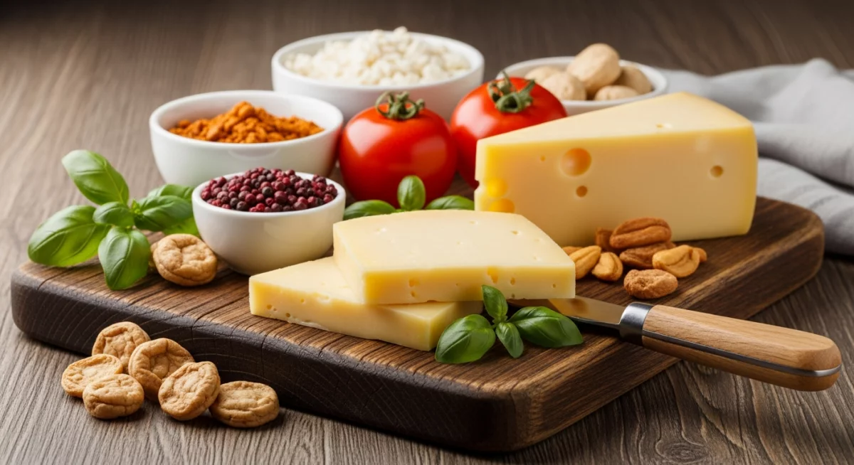 Assortiment d'aliments riches en vitamine B12 disposés sur une table en bois : viandes, poissons, œufs, produits laitiers et compléments alimentaires