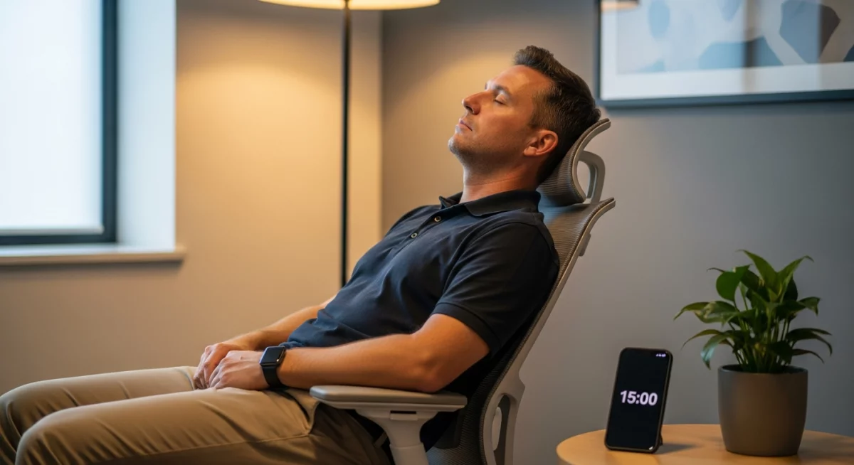 Employé de bureau faisant une micro-sieste de 15 minutes sur un fauteuil ergonomique dans un espace calme avec lumière tamisée