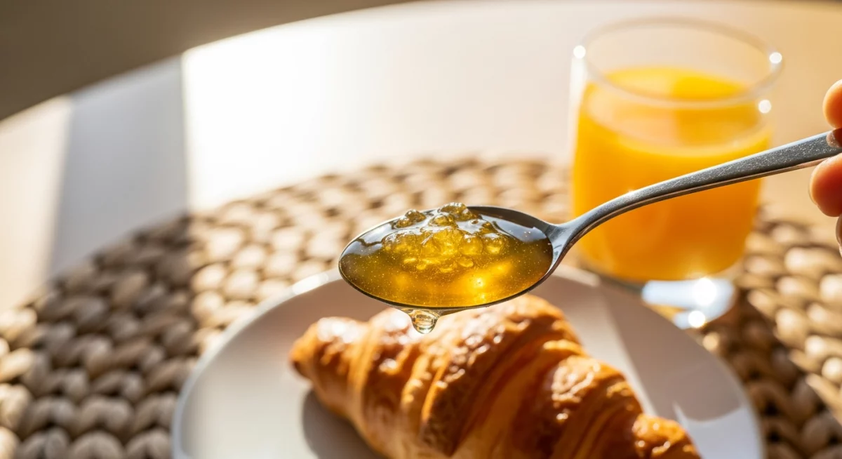 Pot de miel et gelée royale fraîche sur fond naturel