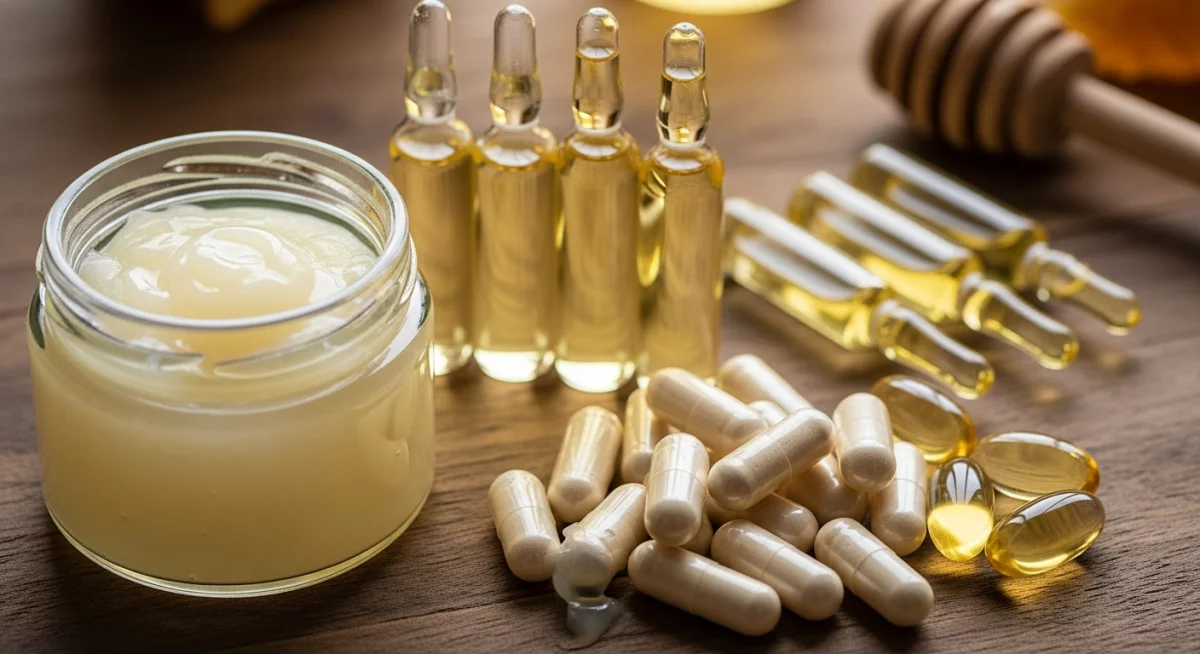 Gelée royale fraîche dans une cuillère en bois